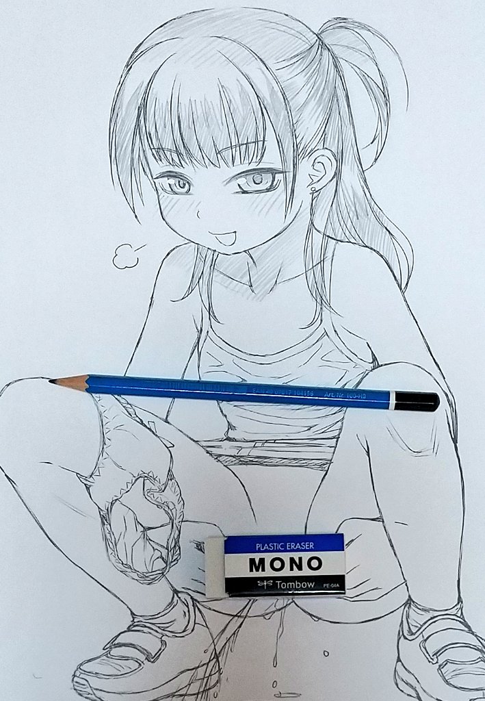 1girl ankle_socks art_tools_in_frame bare_shoulders blush breasts camisole censored collarbone convenient_censoring ebifly eraser graphite_(medium) hands_on_own_thighs loli long_hair looking_at_viewer one_side_up open_mouth original panties panties_around_leg pee peeing pencil photo_(medium) shoes sidelocks simple_background small_breasts smile socks solo squatting thighs traditional_media underwear white_background