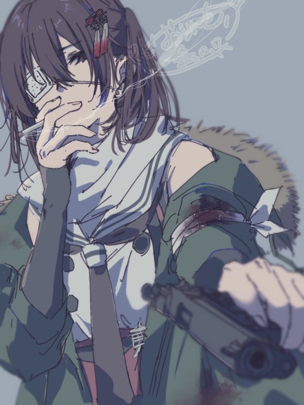 1girl bandages black_neckerchief blood blood_on_clothes blue_background brown_eyes brown_hair cigarette eyepatch fur-trimmed_jacket fur_trim green_jacket gun hair_between_eyes hair_ornament holding holding_gun holding_weapon jacket kantai_collection looking_at_viewer medical_eyepatch neckerchief rinto_(rint_rnt) sailor_collar scarf sendai_(kancolle) sendai_kai_ni_(kancolle) sleeveless smoke smoking solo two_side_up upper_body weapon white_sailor_collar white_scarf
