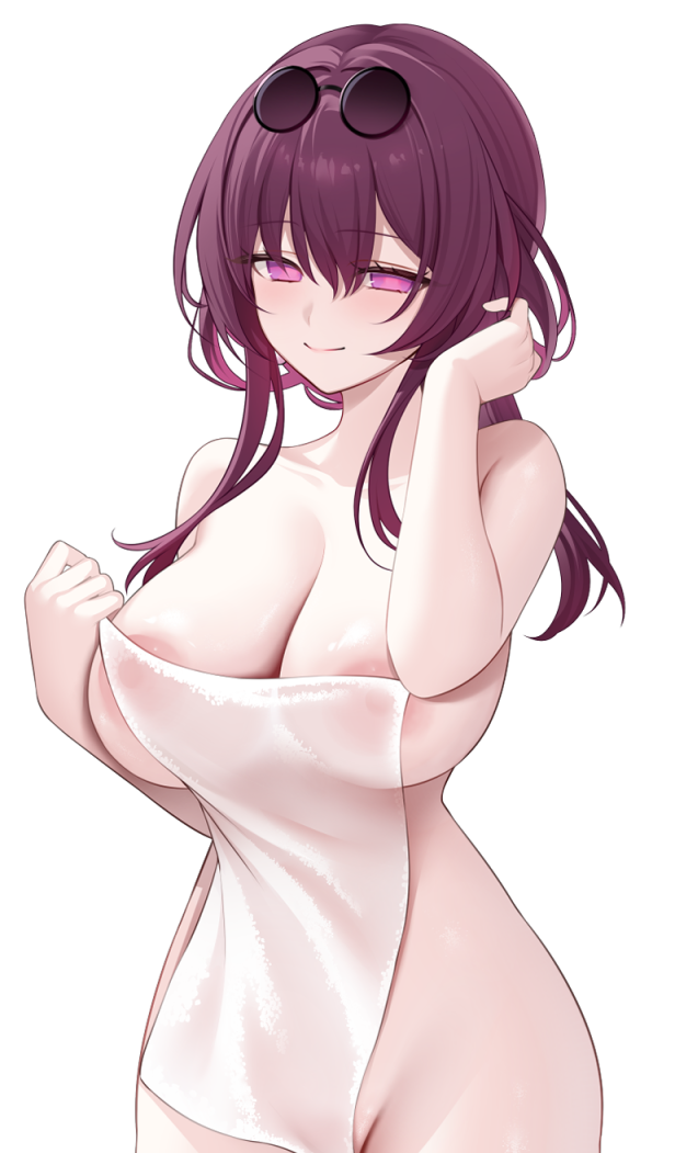 1girl areola_slip blush breasts closed_mouth collarbone commentary_request covering_privates cowboy_shot cropped eyewear_on_head glasses groin hair_between_eyes hand_up holding holding_towel honkai:_star_rail honkai_(series) kafka_(honkai:_star_rail) large_breasts long_hair looking_at_viewer miko_(royal_milk) nude_cover partial_commentary pince-nez purple_eyes purple_hair round_eyewear simple_background smile solo sunglasses towel white_background