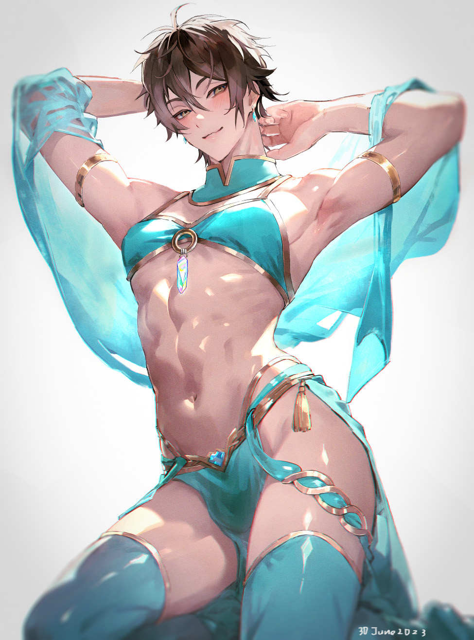 1boy abs alternate_costume antenna_hair arabian_clothes armlet armpits arms_behind_head arms_up bare_shoulders blue_bra blue_collar blue_gemstone blue_panties blue_shawl blue_thighhighs blush bra brown_eyes brown_hair bulge closed_mouth collar crossdressing crossdressing_(mtf) dancer dated detached_collar earrings eiden_(nu_carnival) gem hair_between_eyes harem_outfit highres jewelry kneeling looking_at_viewer male_focus midriff navel nu_carnival o-ring o-ring_top owner_bird panties pectorals pelvic_curtain pendant see-through_clothes shawl short_hair simple_background smile solo stomach tassel thighhighs toned toned_male trap twitter_username underwear white_background