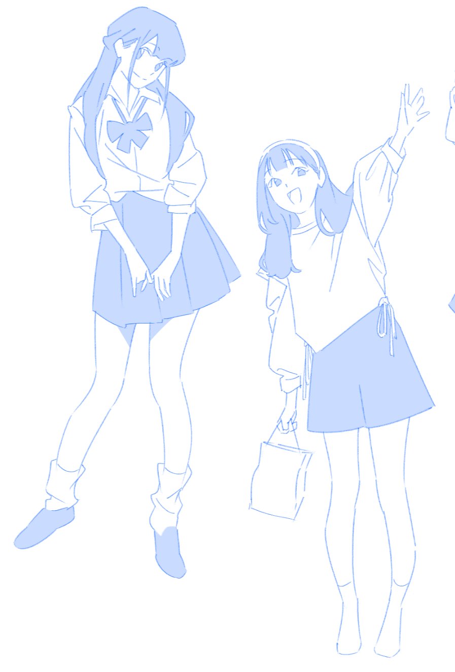 2girls bag blue_theme highres long_hair monochrome multiple_girls open_mouth original seomanii shoes skirt smile socks standing