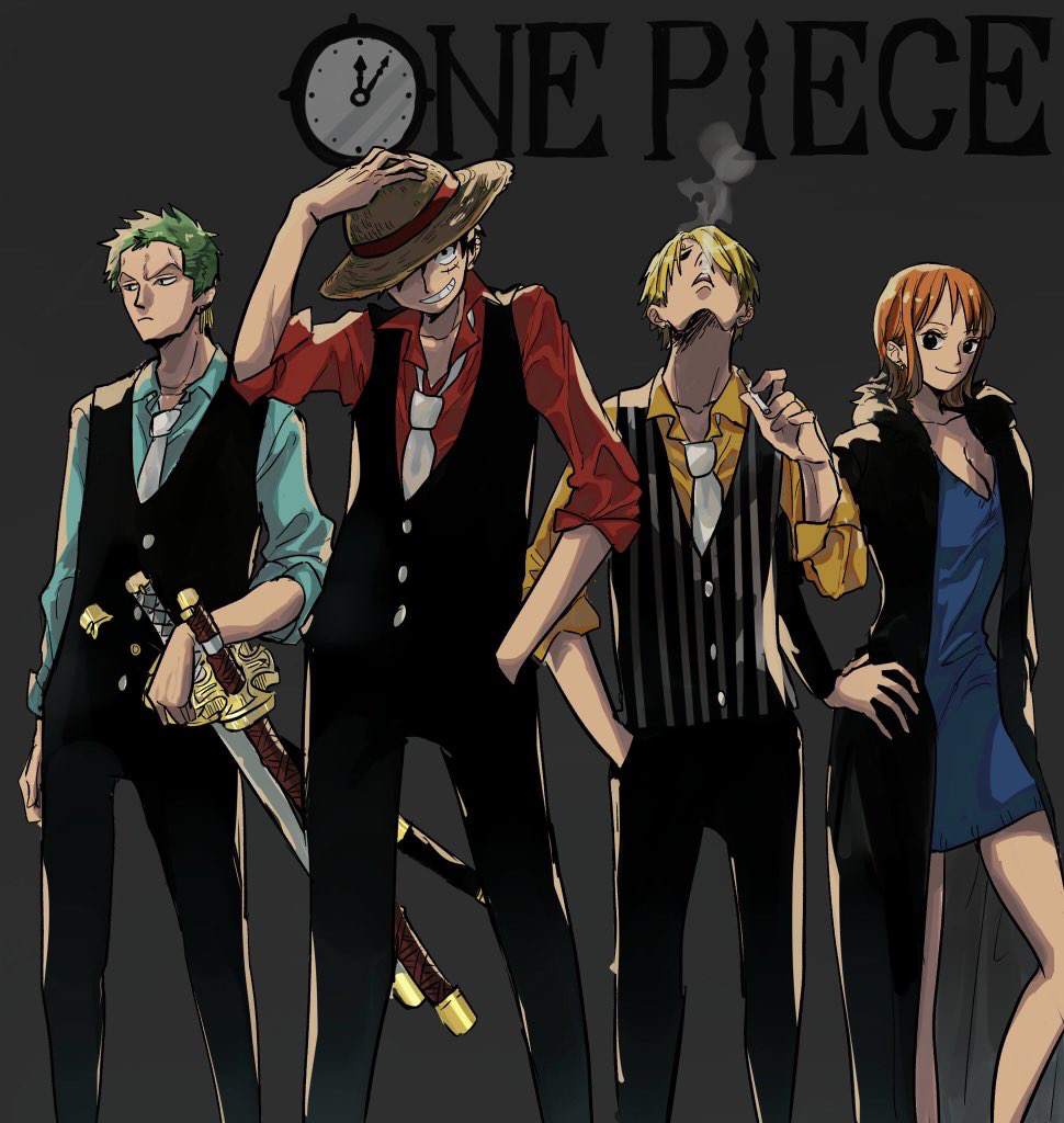 1girl 3boys aji_of_aji55 analog_clock black_coat black_hair black_vest blonde_hair blue_dress blue_shirt breasts cigarette cleavage clock closed_mouth coat commentary_request dress earrings facial_scar feet_out_of_frame fur-trimmed_coat fur_trim green_hair grin hand_in_pocket hand_on_own_hip holding holding_cigarette jewelry katana looking_at_viewer medium_breasts monkey_d._luffy multiple_boys nami_(one_piece) necktie one_piece open_clothes open_coat orange_hair red_shirt roronoa_zoro sanji_(one_piece) scar scar_on_cheek scar_on_face sheath sheathed shirt short_hair smile smoking standing straw_hat_pirates sword vest weapon white_necktie wing_collar yellow_shirt