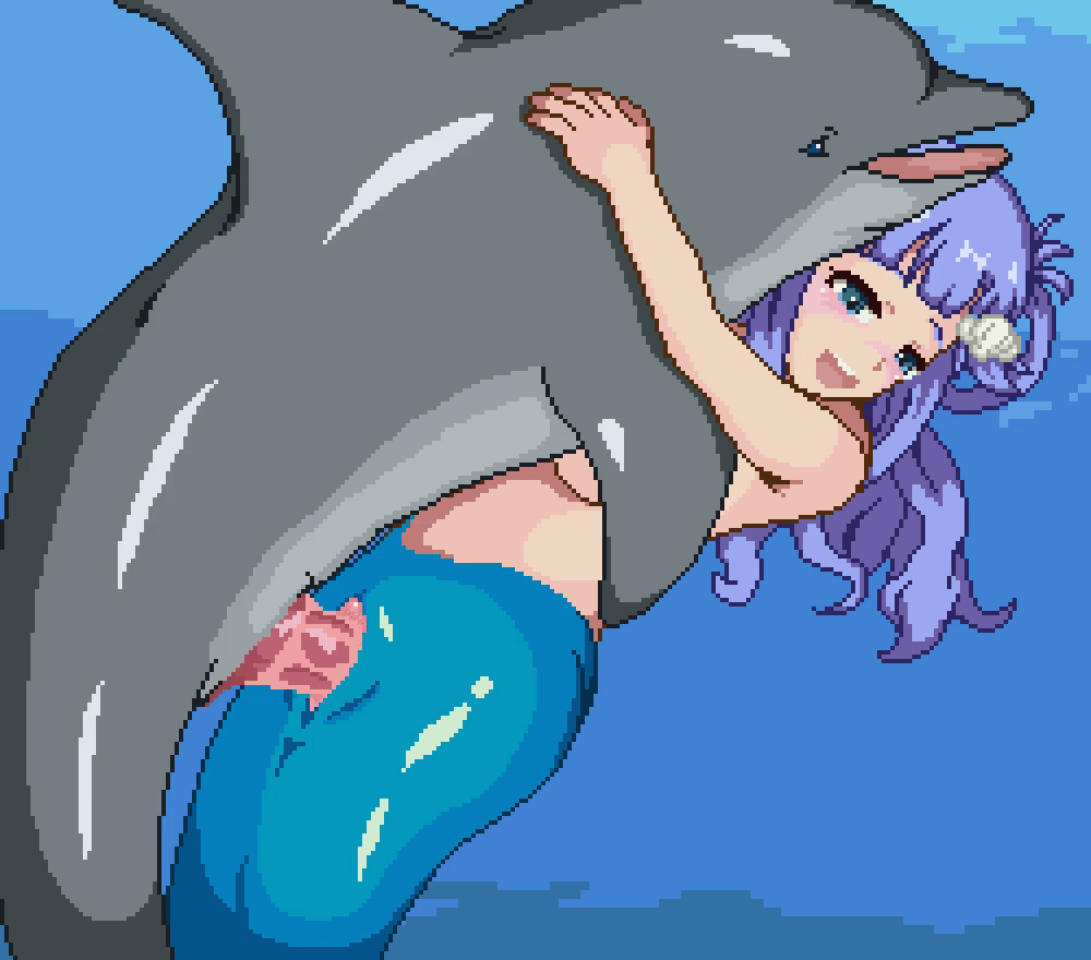 1girl animal_penis animated animated_gif asari_nanami bestiality blue_eyes breasts clitoris dolphin fins fish_tail gomadare_(310329) hair_ornament heart idolmaster idolmaster_cinderella_girls interspecies long_hair looping_animation mermaid monster_girl open_mouth penis pixel_art purple_hair pussy sex shell simple_background tail ugoira underwater underwater_sex vaginal
