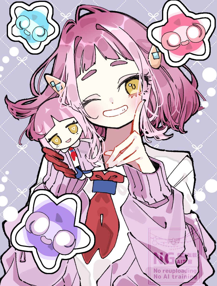 1girl arched_bangs cardigan character_doll commentary_request doll gen_7_pokemon gloves grin hair_ornament hairclip ino_climate lacey_(pokemon) long_sleeves looking_at_viewer minior minior_(core) neckerchief nintendo one_eye_closed pink_cardigan pink_hair pokemon pokemon_(creature) pokemon_sv purple_background red_gloves red_neckerchief shirt short_hair simple_background single_glove smile upper_body white_shirt yellow_eyes