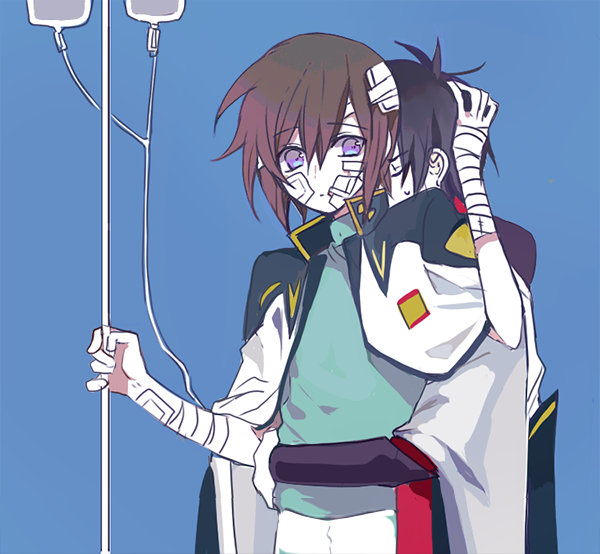 2boys bandaged_arm bandaged_hand bandages black_hair blue_background brown_hair coat coat_on_shoulders commentary_request gauze gauze_on_cheek gundam gundam_seed gundam_seed_destiny hand_on_another's_head hug hug_from_behind intravenous_drip iv_stand kira_yamato male_focus multiple_boys purple_eyes seed0x0 shinn_asuka shirt short_hair simple_background upper_body yaoi zaft_uniform