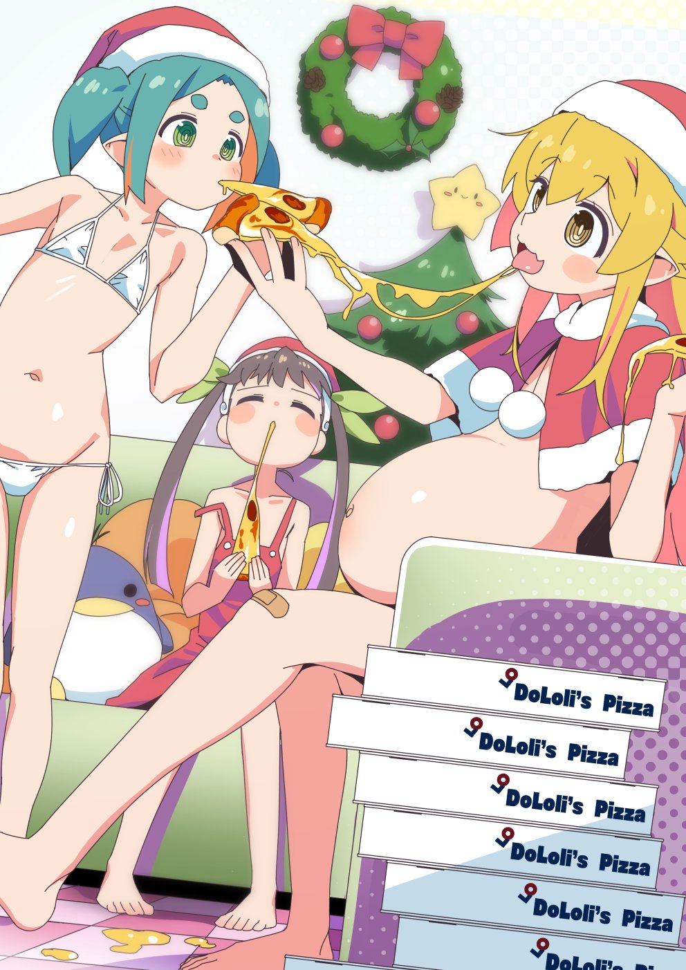 3girls barefoot belly big_belly bikini blonde_hair christmas christmas_tree eating feet food gesugesu_ahoaho hachikuji_mayoi hat highres indoors loli micro_bikini monogatari_(series) multiple_girls navel ononoki_yotsugi oshino_shinobu pizza pizza_slice santa_cape santa_costume santa_hat side-tie_bikini_bottom standing stomach swimsuit toes white_bikini