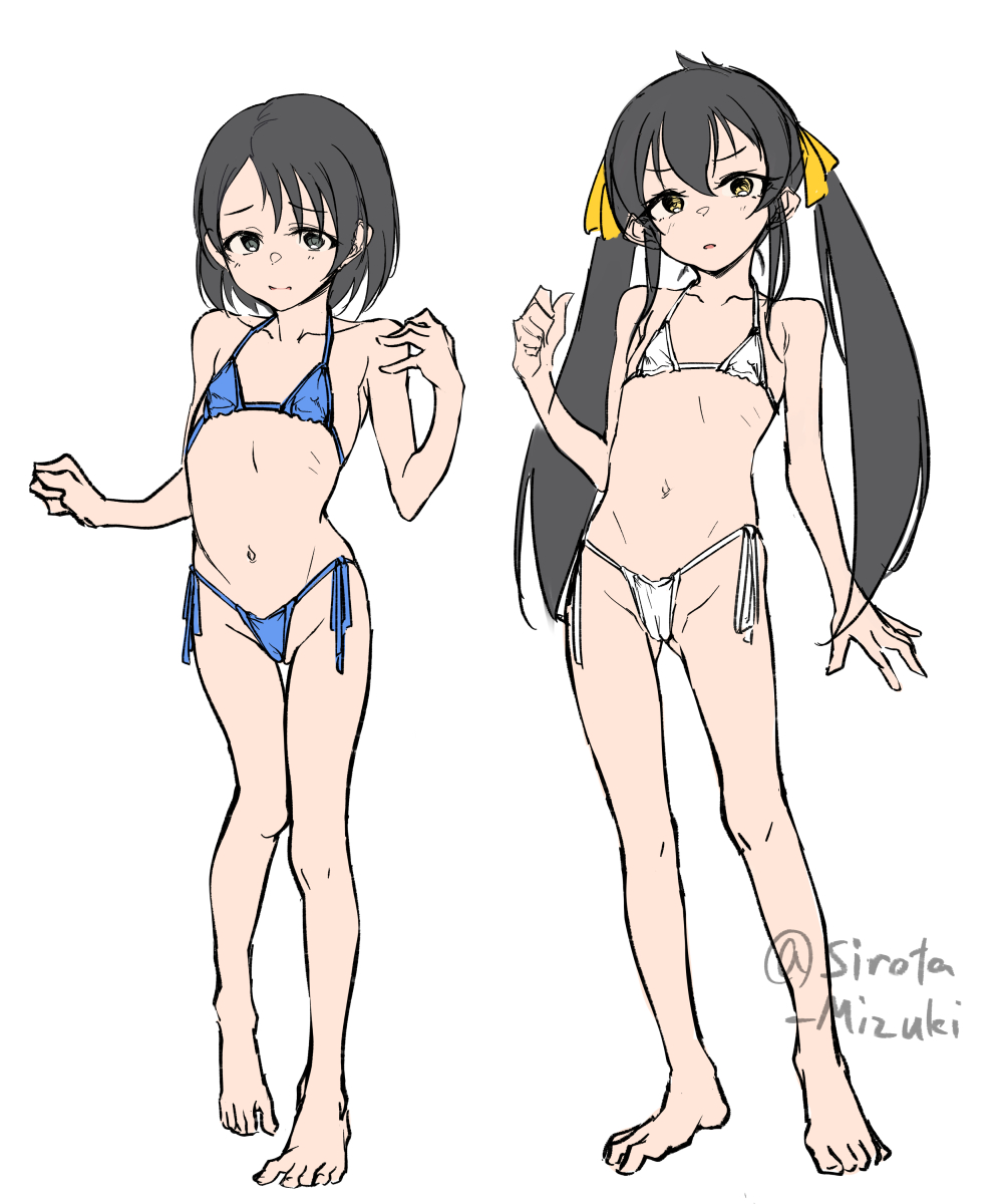 2girls bikini black_hair flat_chest highres idolmaster idolmaster_cinderella_girls loli long_hair matoba_risa medium_hair micro_bikini multiple_girls sasaki_chie shirota_mizuki simple_background skinny swimsuit twintails white_background