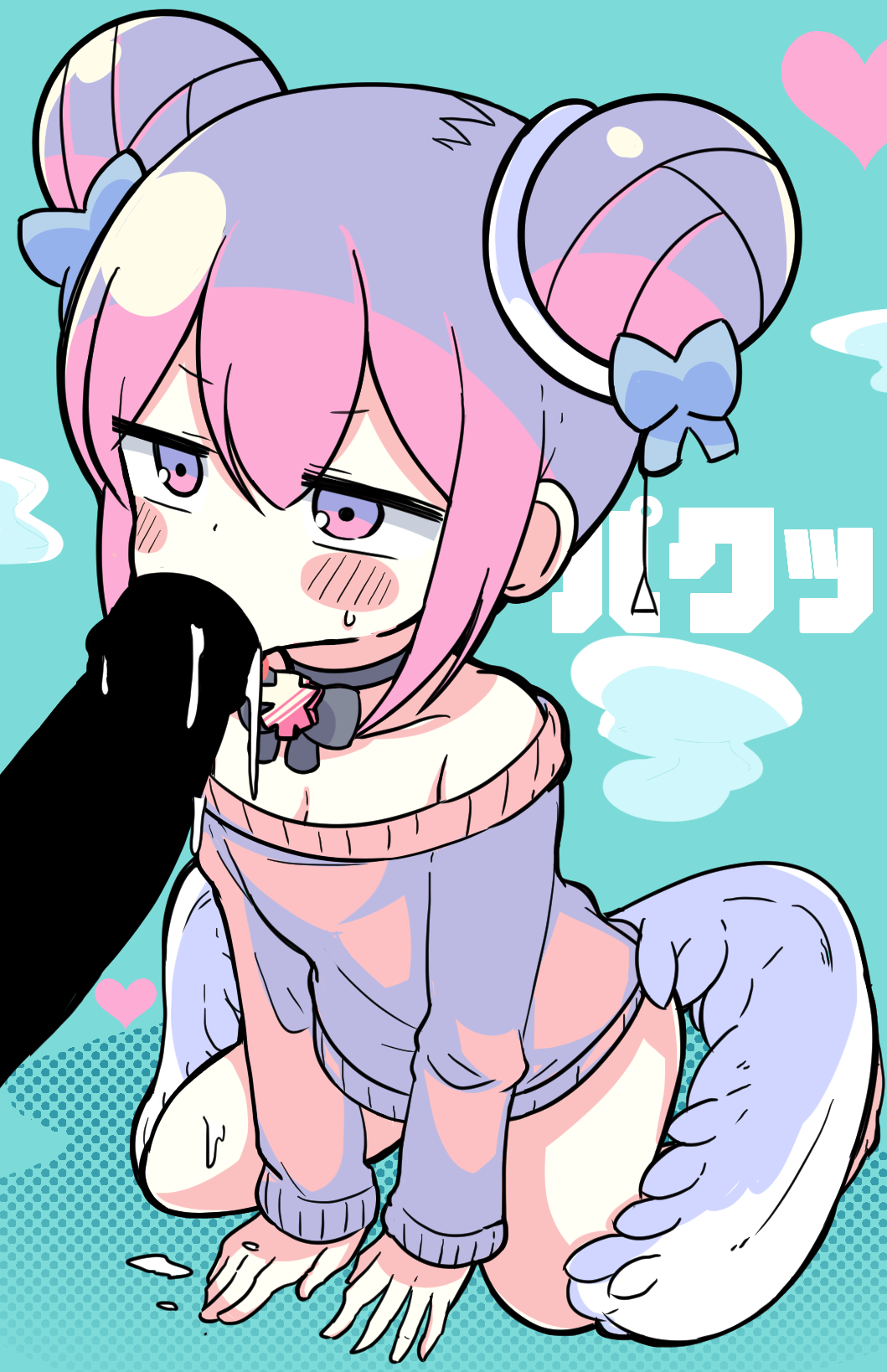 1boy 1girl angel angel_wings aqua_background bare_shoulders black_choker blush_stickers bow bow_choker breasts breath choker cleavage collarbone cum cumdrip dadadada_tenshi_(nanawo_akari) datenshi-chan_(nanawo_akari) double_bun fellatio hair_bow hair_bun halftone hands_on_floor hetero highres jitome loli nanawo_akari official_style oral penis pink_eyes pink_hair pink_sweater pull_cord purple_bow sexualized_chibi simple_background sitting small_breasts small_sweatdrop sweater taitanic6242 terada_tera_(style) wariza wings