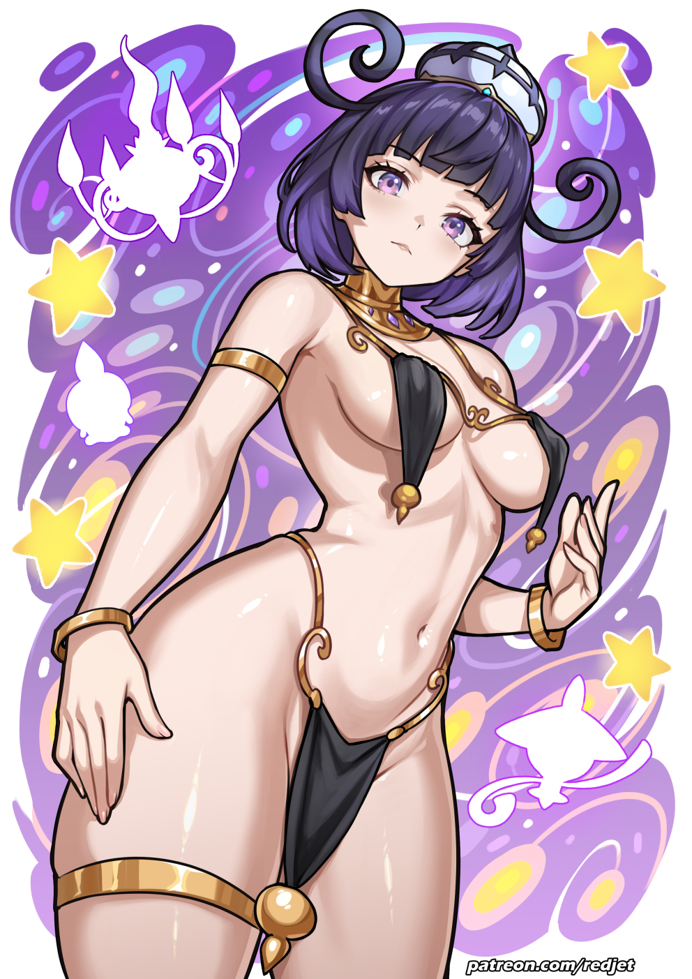 1girl ancient_egyptian_clothes bare_shoulders blunt_bangs bracelet breast_curtains breasts chandelure closed_mouth commentary_request gen_5_pokemon gwynn_(pokemon) hat highres jewelry lampent litwick looking_at_viewer medium_breasts medium_hair mixed-language_commentary navel nintendo pelvic_curtain pokemon pokemon_legends:_z-a purple_eyes purple_hair redjet shiny_skin short_hair solo standing stomach thighlet thighs