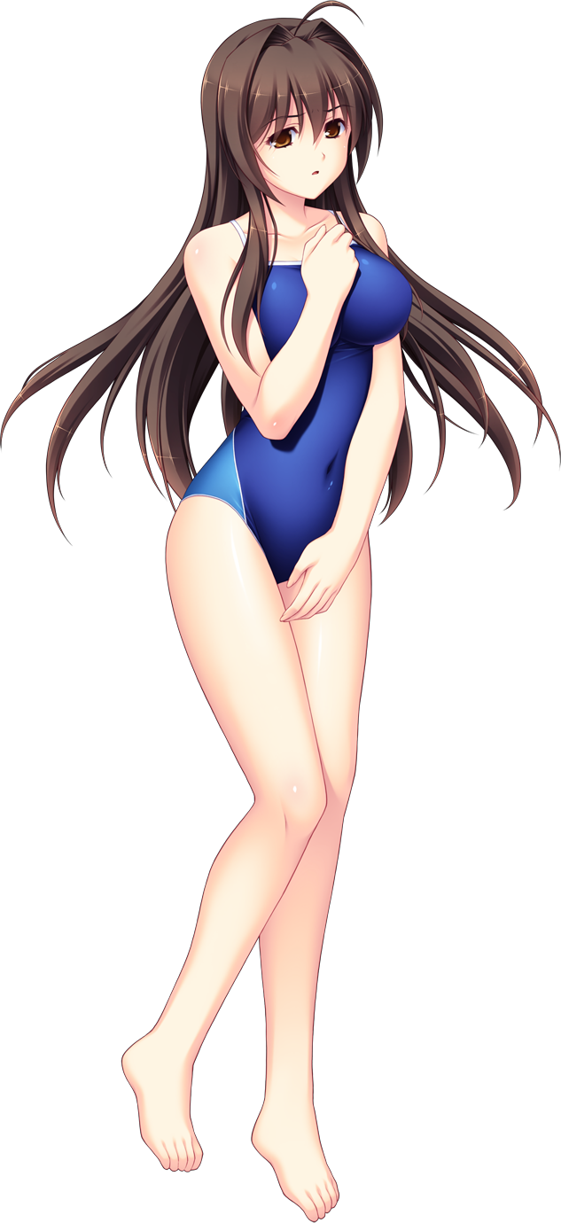 1girl ahoge barefoot blue_one-piece_swimsuit breasts brown_eyes brown_hair collarbone competition_school_swimsuit competition_swimsuit covered_navel full_body game_cg hair_intakes hand_on_own_chest highres large_breasts large_variant_set long_hair maishima_yuri nerawareta_megami_tenshi_angel_tear non-web_source official_art one-piece_swimsuit school_swimsuit solo standing swimsuit tachi-e transparent_background tsukumo_kazuita variant_set