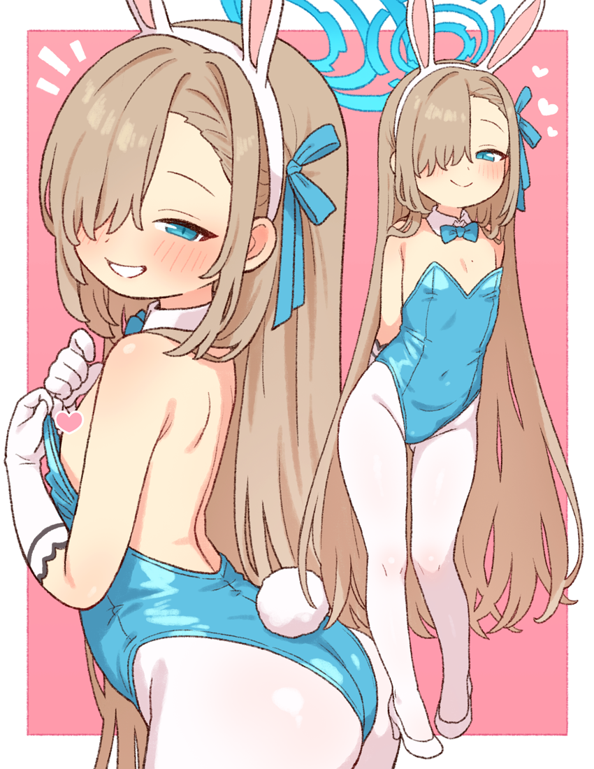 1girl aged_down alternate_breast_size_(smaller) animal_ears asuna_(blue_archive) asuna_(bunny)_(blue_archive) blue_archive blue_eyes blue_leotard bow bowtie censored commentary_request detached_collar fake_animal_ears flat_chest gloves hair_over_one_eye halo heart heart_censor leotard loli long_hair multiple_views official_alternate_costume onyhakase pantyhose playboy_bunny rabbit_ears rabbit_tail smile strapless strapless_leotard tail white_gloves
