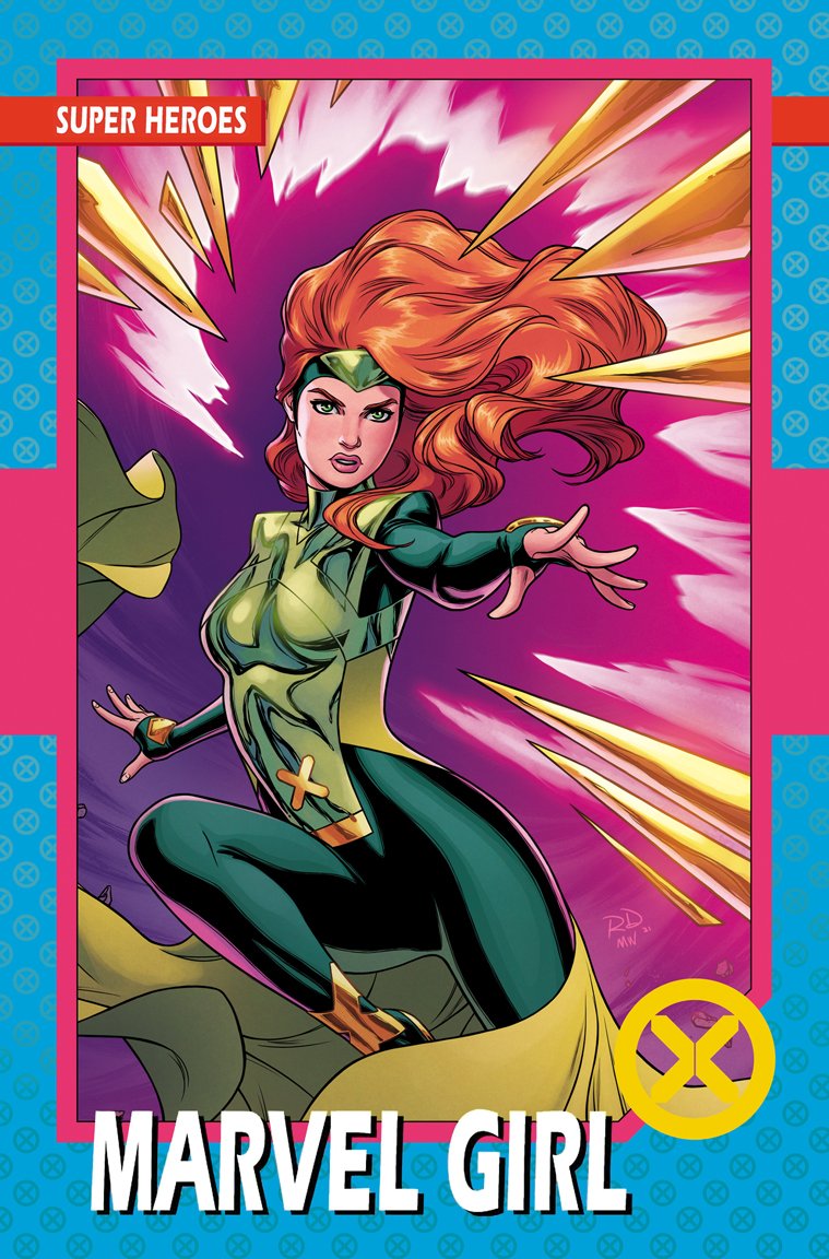 1girl blue_border bodysuit border character_name commentary english_commentary english_text floating_clothes floating_hair forehead_protector green_bodysuit green_eyes jean_grey knee_up long_hair looking_at_viewer marvel marvel_girl matt_wilson official_art open_mouth orange_hair pink_lips purple_background russell_dauterman solo superhero_costume telekinesis western_comics_(style) x-men