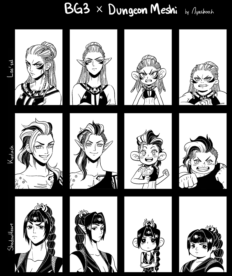 3girls alternate_species angry baldur's_gate baldur's_gate_3 broken_horn circlet dungeon_meshi dwarf elf horns humanization karlach lae'zel long_braid monochrome multi-tied_hair multiple_girls nyachooh pointy_ears scar scar_on_face scar_on_nose shadowheart_(baldur's_gate) smile tiefling
