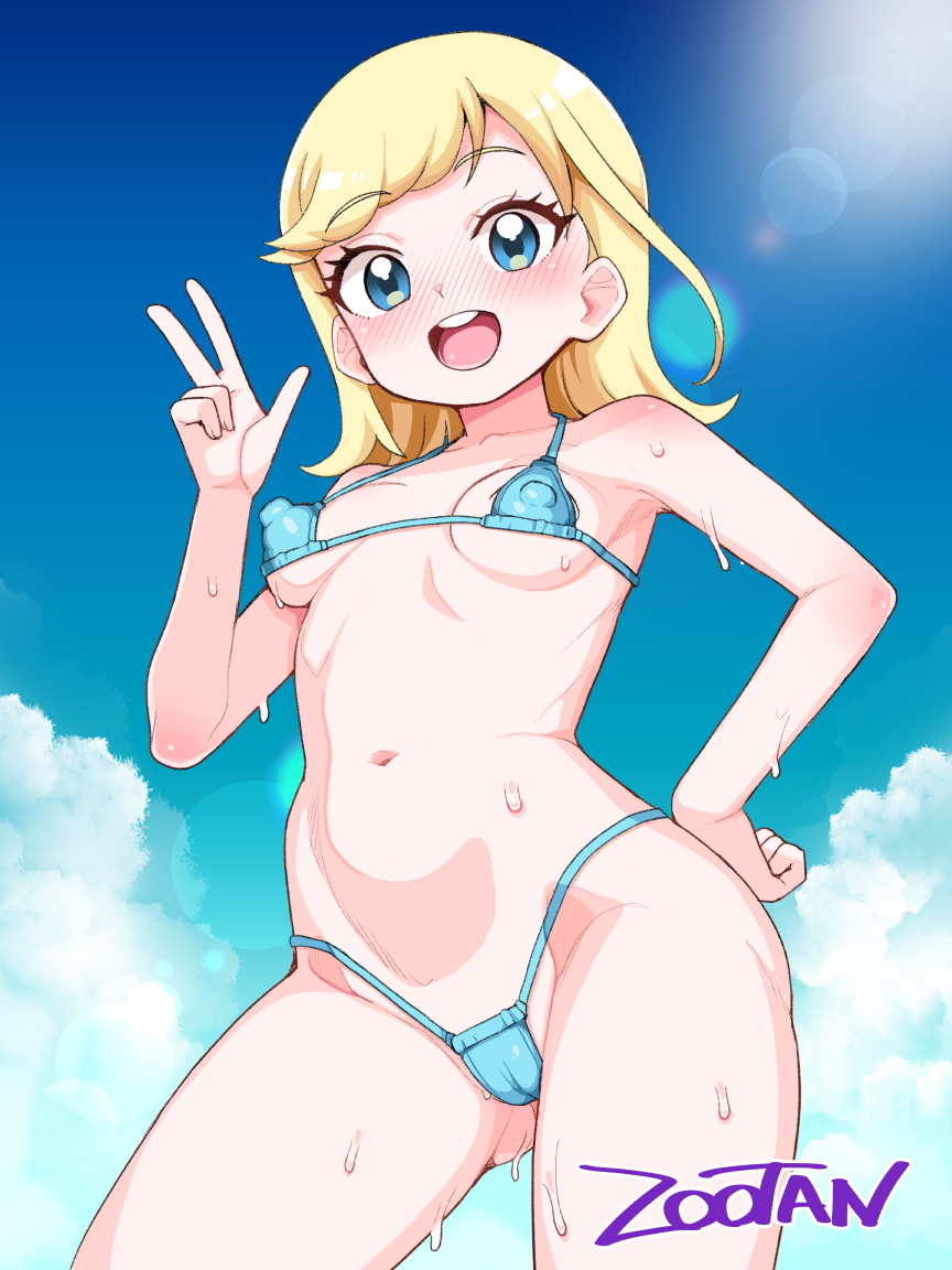 1girl :d artist_name bare_arms bare_shoulders bikini blonde_hair blue_bikini blue_eyes blue_sky breasts cameltoe clenched_hand cloud contrapposto covered_erect_nipples cowboy_shot from_below hand_on_own_hip hand_up highleg highleg_bikini himitsu_no_aipri hoshikawa_mitsuki legs_apart lens_flare light_blush long_hair looking_at_viewer medium_hair micro_bikini navel open_mouth outdoors pretty_series sky small_breasts smile solo standing straight_hair swimsuit teeth upper_teeth_only v wet zootan
