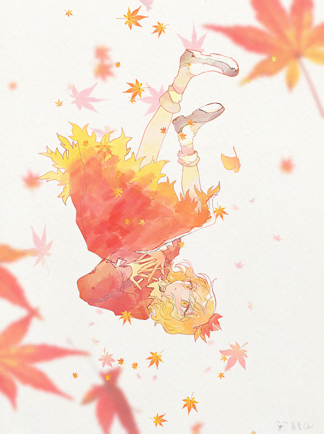 1girl aki_shizuha blonde_hair commentary_request full_body highres itomugi-kun leaf looking_up maple_leaf red_shirt red_skirt shirt skirt solo touhou upside-down yellow_eyes