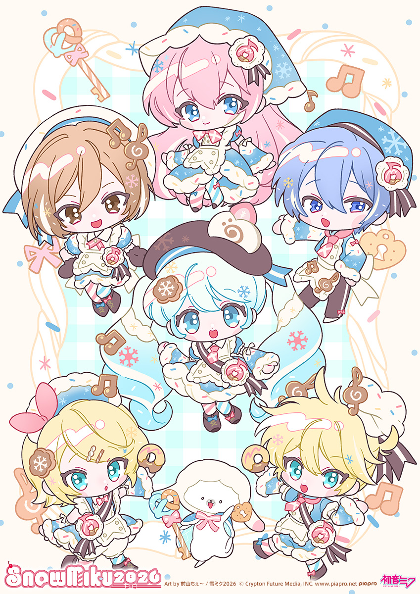 2boys 4girls apron aqua_eyes asymmetrical_legwear blonde_hair blue_dress blue_eyes blue_hair blue_pantyhose blue_shirt brown_eyes brown_hair brown_hat brown_pants brown_shoes cherichuxx chibi chibi_only closed_mouth commentary_request cookie donut dot_nose dress food full_body gradient_hair hair_ornament hairclip hat hatsune_miku highres holding holding_donut holding_food kagamine_len kagamine_rin kaito_(vocaloid) key looking_at_viewer megurine_luka meiko meiko_(vocaloid) mismatched_legwear multicolored_hair multiple_boys multiple_girls musical_note musical_note-themed_food official_art pants pantyhose pink_hair pink_pantyhose pretzel rabbit rabbit_yukine second-party_source shirt shoes sleeves_past_wrists smile snowflakes streaked_hair striped_clothes striped_pantyhose vocaloid white_apron white_pantyhose white_shoes yuki_kaito yuki_len yuki_luka yuki_meiko yuki_miku yuki_miku_(2026) yuki_rin