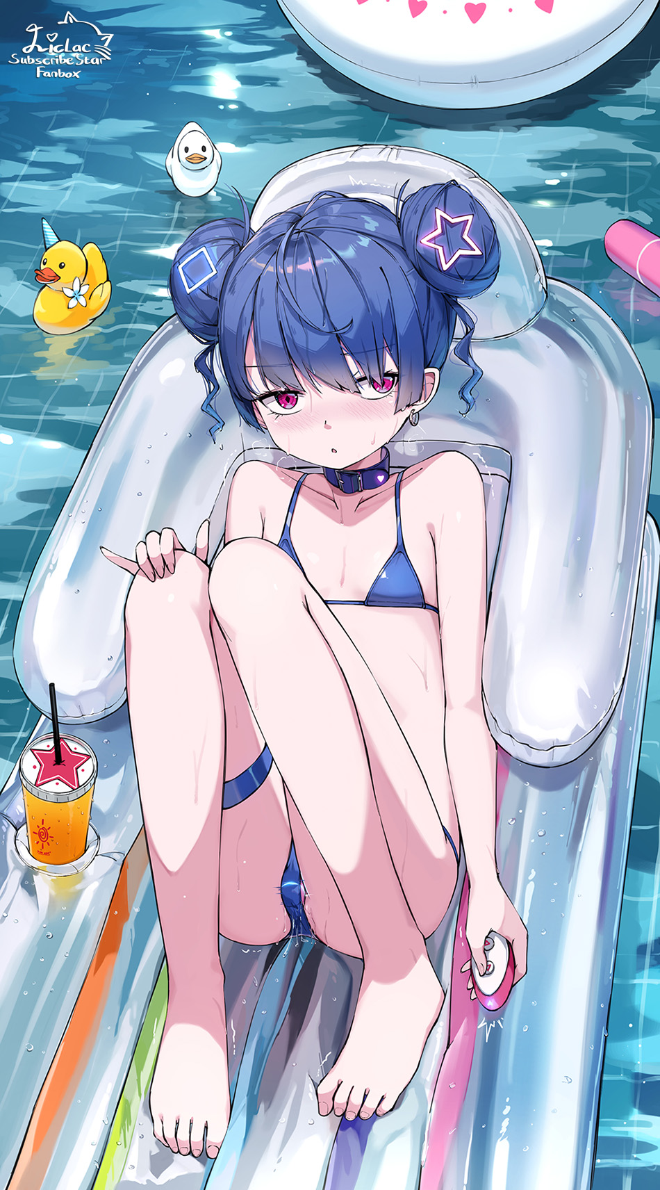 1girl barefoot bikini blue_bikini blue_hair controller dildo dildo_harness dildo_under_clothes dildo_under_swimsuit double_bun female_focus flat_chest hair_bun highres holding holding_remote_control inflatable_raft liclac object_insertion open_mouth original outdoors pink_eyes pussy_juice pussy_juice_trail remote_control remote_control_vibrator rubber_duck sex_toy solo swimsuit toes vaginal vaginal_object_insertion vibrator wireless_sex_toy_controller