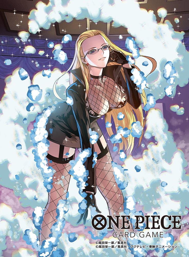 1girl 2025 awa_awa_no_mi black_dress black_gloves blonde_hair blue_eyes breasts bubble cleavage commentary_request copyright_name devil_fruit_power dress earrings enies_lobby fishnet_thighhighs fishnet_top fishnets garter_straps gloves hair_slicked_back high_collar jewelry kalifa_(one_piece) large_breasts long_hair long_sleeves looking_down moreshan official_art one_piece one_piece_card_game pearl_earrings smile soap_bubbles solo sparkle thighhighs