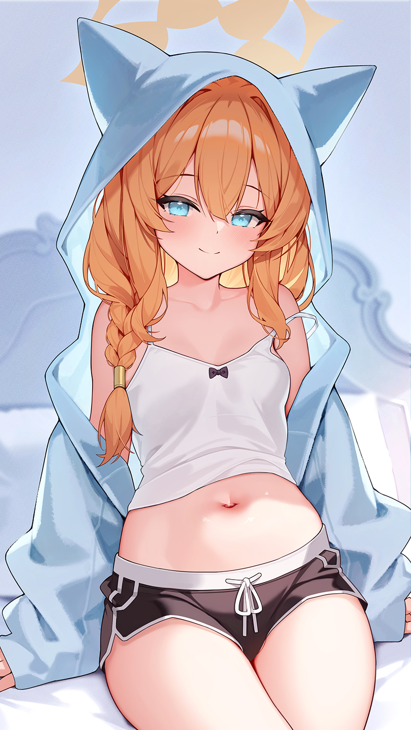 1girl animal_ear_hood animal_ears animal_hood bare_shoulders black_shorts blue_archive blue_eyes blush braid breasts cat_ears cat_hood closed_mouth collarbone commentary_request dolphin_shorts fake_animal_ears hair_between_eyes halo highres hood hood_up hooded_jacket jacket long_hair long_sleeves looking_at_viewer mari_(blue_archive) navel orange_hair pinki_o64 shorts side_braid sitting sleeves_past_wrists smile solo tank_top white_tank_top yellow_halo