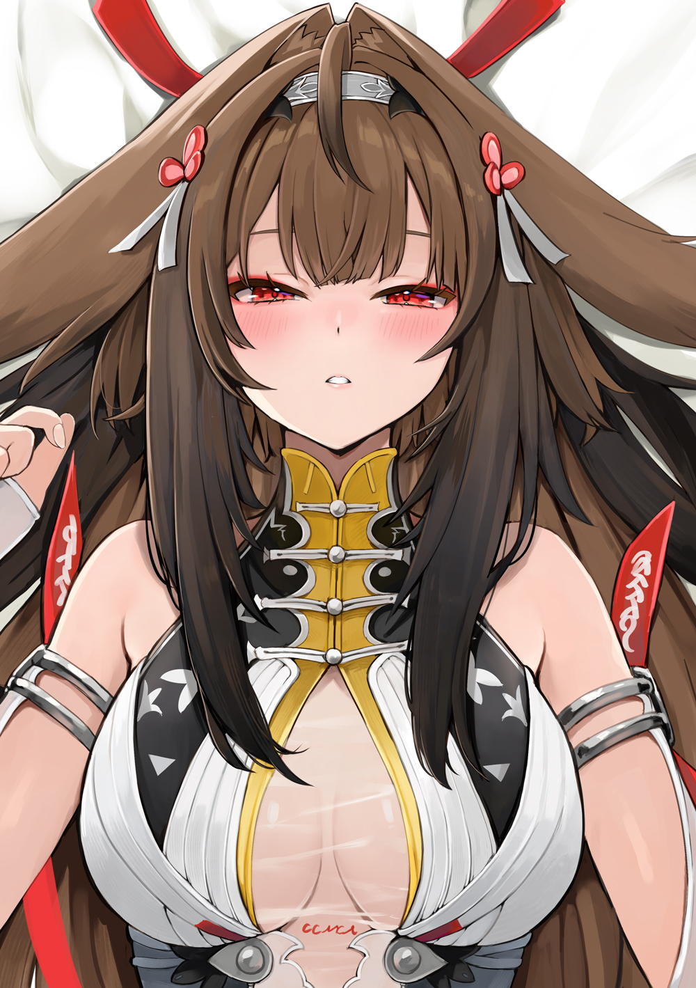 1girl animal_ear_fluff animal_ears bare_shoulders bed_sheet blush breasts brown_hair commentary_request dress half-closed_eyes hand_up highres large_breasts long_hair looking_at_viewer lying natsume_eri on_back parted_lips red_eyes see-through_clothes see-through_dress sleeveless sleeveless_dress solo upper_body white_dress ye_shunguang zenless_zone_zero