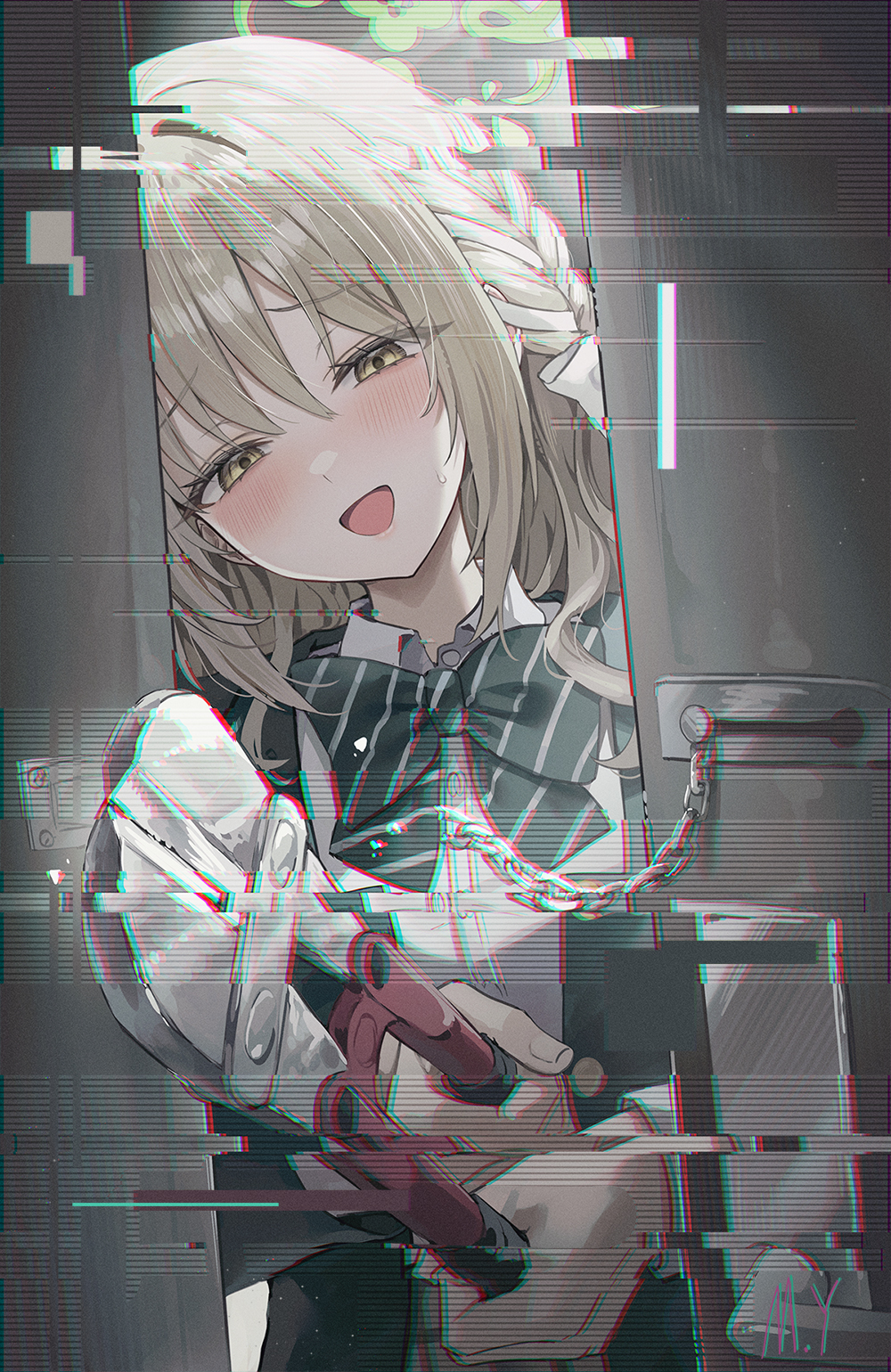 1girl blue_archive bolt_cutters bow bowtie braid broken broken_chain chain commentary_request diagonal-striped_bow diagonal-striped_bowtie diagonal-striped_clothes distortion door flower_halo green_bow green_bowtie green_halo green_jacket hair_bow hair_ribbon halo highres holding jacket lock miyo_(blue_archive) myung_yi open_mouth ribbon ribbon_braid smile solo striped_bow striped_bowtie striped_clothes upper_body white_bow yandere_trance