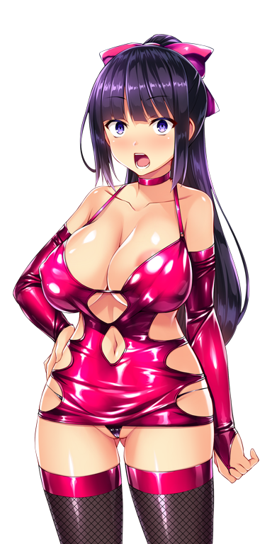 1girl areola_slip bare_shoulders black_hair black_panties black_thighhighs blunt_bangs blush bodycon bow breasts bridal_gauntlets choker cleavage clothing_cutout collarbone cowboy_shot dress elbow_gloves fishnet_thighhighs fishnets g-string game_cg gloves gluteal_fold hair_bow hand_on_own_hip highleg highleg_panties kisaragi_nozomi large_breasts latex long_hair looking_at_viewer micro_panties microdress navel navel_cutout non-web_source official_art open_mouth panties pink_bow pink_choker pink_dress ponytail purple_eyes purple_hair red_dress revealing_clothes satou_kuuki shinsou_seiki_elementia shiny_clothes shiny_skin short_dress sidelocks simple_background skin_tight sleeveless sleeveless_dress solo standing string_panties surprised teeth thighhighs thong transparent_background underwear variant_set white_background wide-eyed