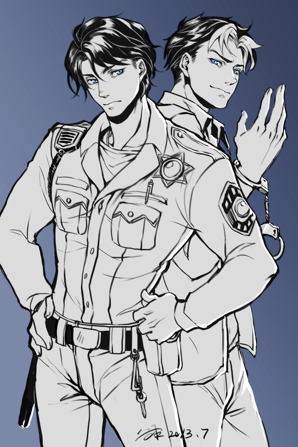 2boys batman_(series) baton_(weapon) belt blue_eyes brothers cropped_legs cuffs dated dc_comics dick_grayson handcuffs hands_on_own_hips jacket jason_todd key male_focus monochrome multicolored_hair multiple_boys nightstick police police_badge police_uniform policeman radio siblings signature spot_color stun_baton two-tone_hair weapon