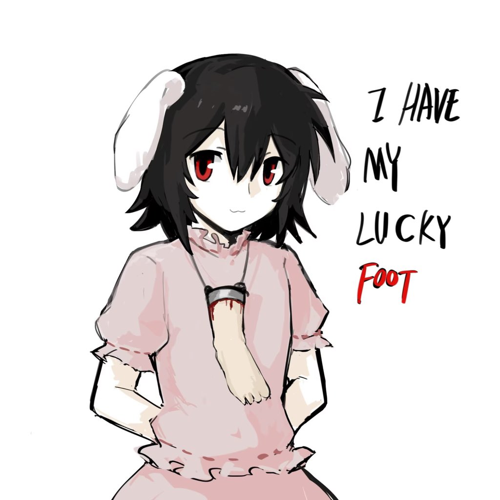 1girl :3 animal_ears arms_behind_back black_hair bleeding blood double-parted_bangs dress english_text feet floppy_ears frills guro hair_between_eyes inaba_tewi jewelry lei_niao3375 light_smile looking_at_viewer major_injury_underreaction necklace pendant pink_dress puffy_short_sleeves puffy_sleeves rabbit_ears red_eyes severed_foot severed_limb short_hair short_sleeves simple_background solo touhou upper_body what white_background