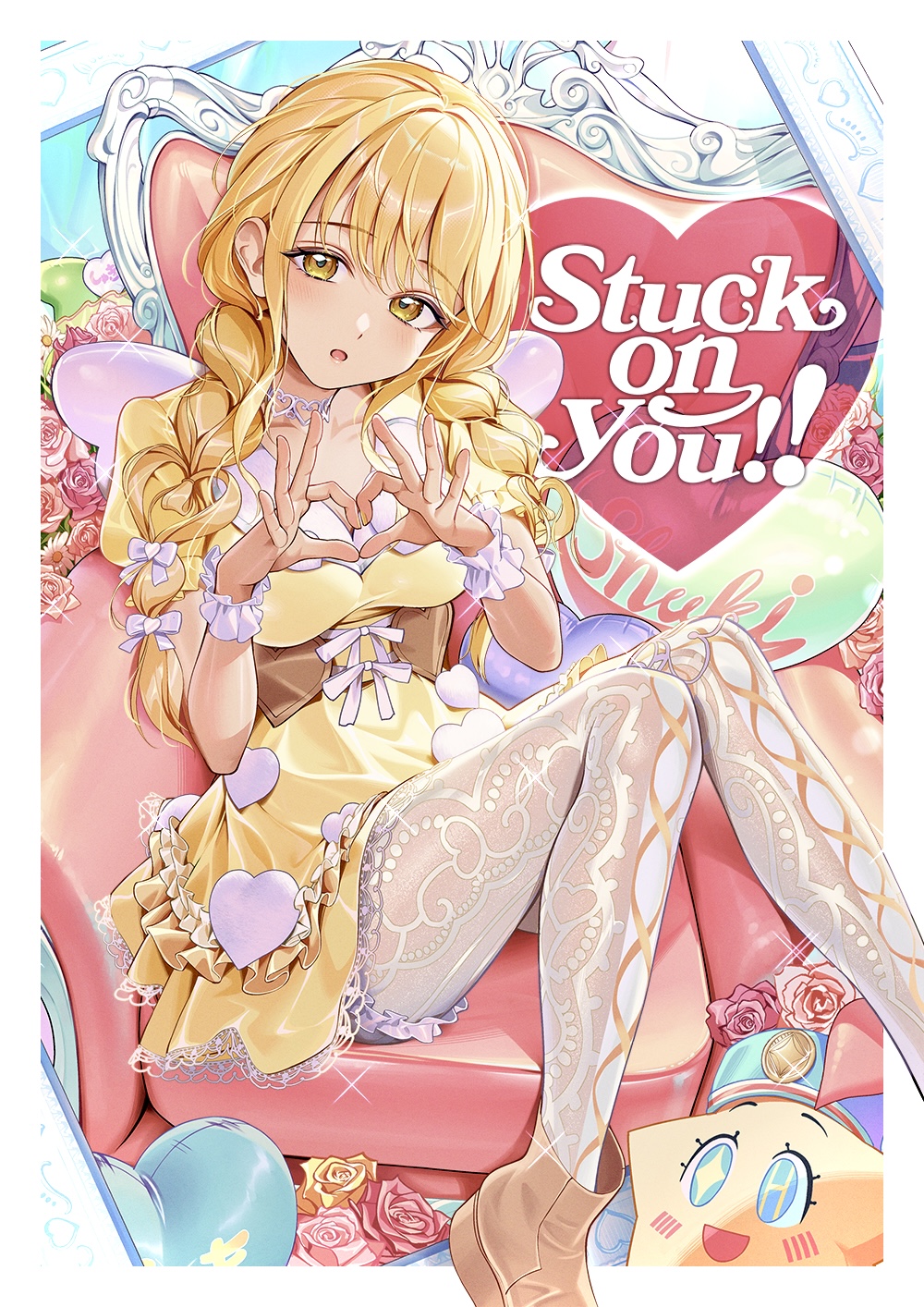 1girl blonde_hair blush braid breasts brown_shoes chair choker collarbone commentary_request dress easy_chair english_text fairy_wings fake_wings flower fujita_kotone gakuen_idolmaster heart heart_choker heart_hands highres idolmaster kainown looking_at_viewer medium_breasts on_chair open_mouth pantyhose patterned_clothing pillow revision shoes short_dress short_sleeves sitting solo thigh_strap twin_braids white_pantyhose wings wrist_cuffs yellow_dress yellow_eyes