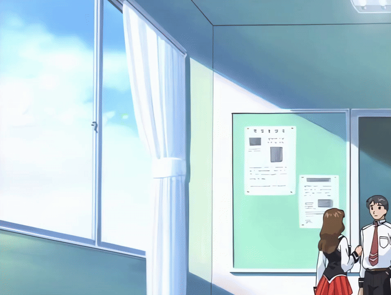 00s 1boy 1girl 2001 2girls animated animated_gif anime_screenshot bible_black bible_black_night_of_the_walpulgiss bouncing_breasts breasts brown_hair classroom collared_shirt green_eyes hair_ornament imari_kurumi indoors long_hair lunchbox microskirt multiple_girls necktie ponytail running school_uniform shirt side_ponytail skirt smile tagme thighhighs white_shirt zettai_ryouiki