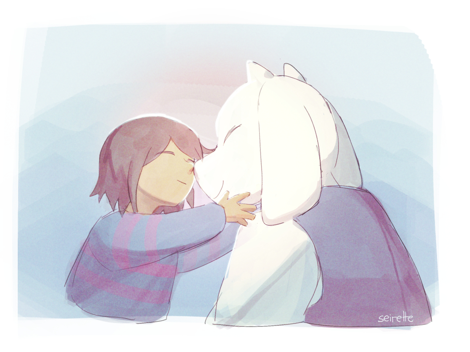 1girl 1other animal_ears blue_shirt brown_hair closed_eyes commentary double_horizontal_stripe english_commentary frisk_(undertale) furry furry_female goat_ears goat_girl goat_horns horns nuzzle seirette shirt short_hair signature striped_clothes striped_shirt toriel undertale utdr_(toby_fox) white_horns