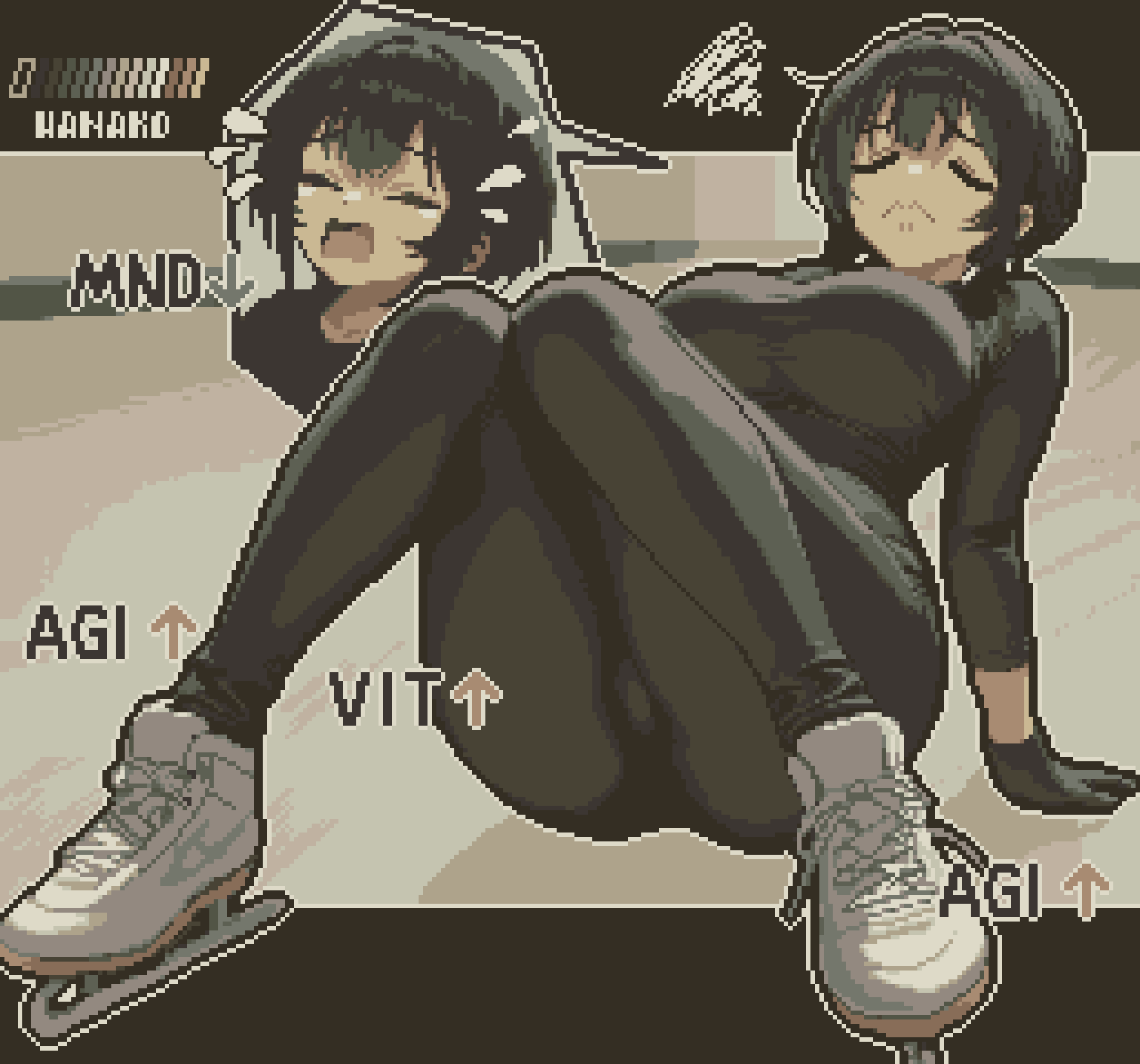 annoyed artist_name ass black_gloves black_leggings black_shirt breasts closed_eyes commentary_request crying falling full_body furrowed_brow gloves highres ice_skates ice_skating impossible_clothes indoors large_breasts leggings lying on_back original pixel_art shirt shoes short_hair sidelocks skates skating specialhanako stats thighs three-quarter_sleeves white_shoes