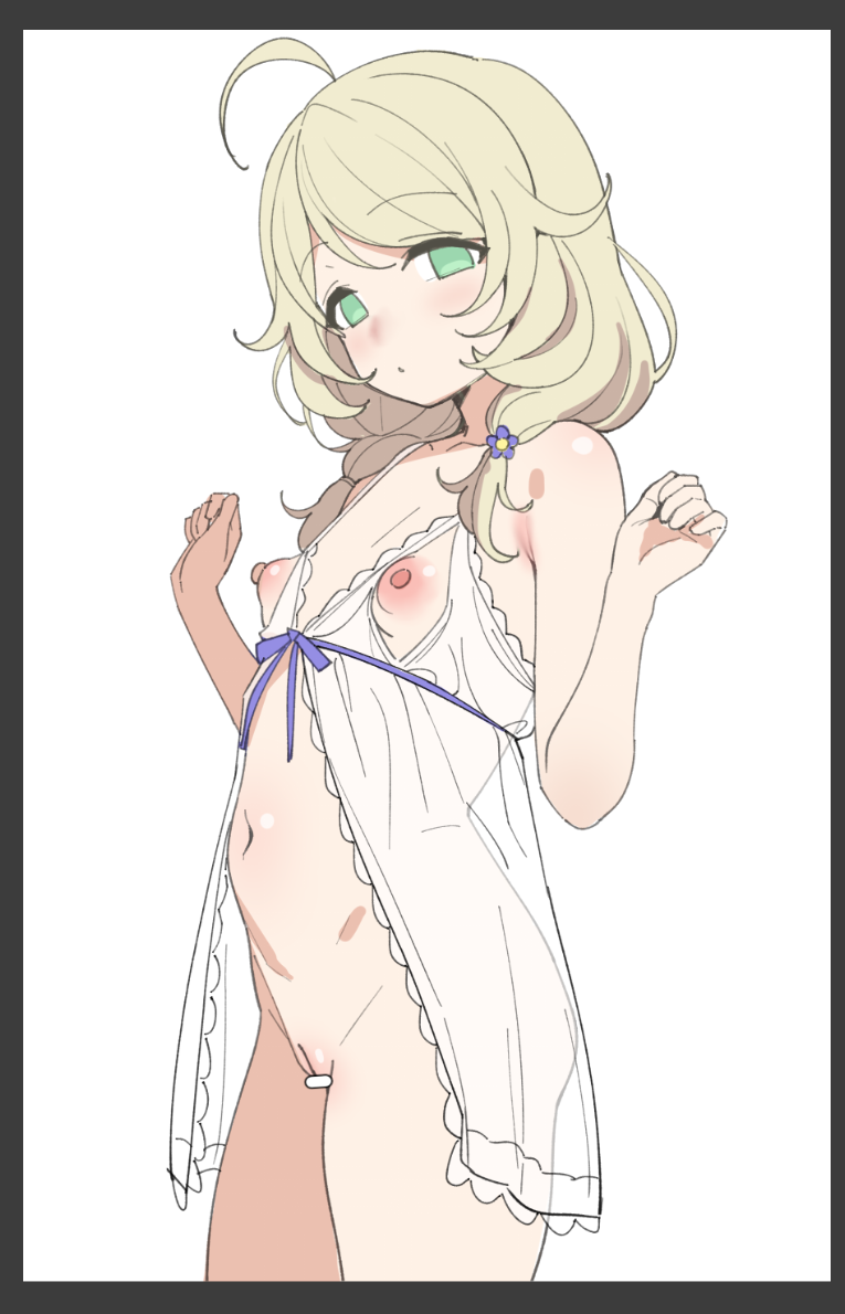 1girl ahoge babydoll bar_censor bare_shoulders black_border blonde_hair blush border bottomless breasts censored cowboy_shot cupless_babydoll flower green_eyes hair_flower hair_ornament hair_over_shoulder hands_up idolmaster idolmaster_cinderella_girls lingerie loli long_hair looking_at_viewer low_twintails navel nipples parted_lips purple_flower pussy rong_hui see-through_clothes simple_background small_breasts solo twintails underwear underwear_only w_arms white_background yusa_kozue