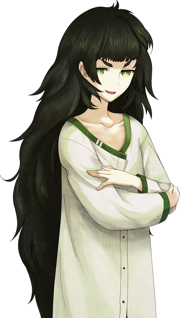 1girl bad_tag blunt_bangs button_dress collar collarbone crossed_arms dress fingernails flat_chest game_cg green_collar green_eyes green_hair green_trim hiyajou_maho huke large_variant_set long_hair looking_at_viewer messy_hair no_jacket non-web_source official_art open_mouth science_adventure smile solo sprite steins;gate steins;gate_0 transparent_background v-shaped_eyebrows variant_set very_long_hair white_dress