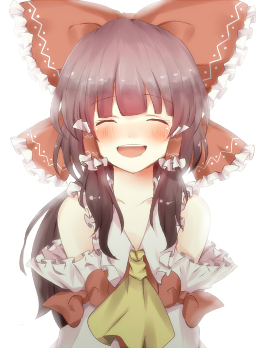 1girl bad_id bad_pixiv_id bare_shoulders black_hair blush bow closed_eyes detached_sleeves female_focus hair_bow hakurei_reimu japanese_clothes long_hair miko open_mouth pasutel simple_background smile solo touhou upper_body white_background