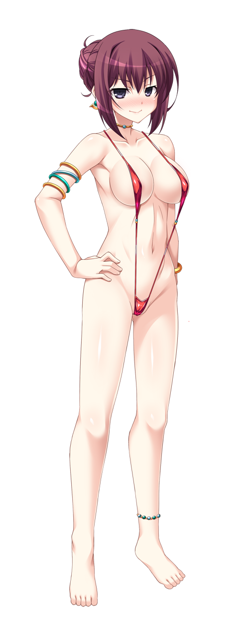 1girl anklet aoi_masami areola_slip armlet asamiya_minami barefoot black_eyes blush bracelet breasts choker covered_erect_nipples earrings full_body game_cg hair_bun hands_on_own_hips highres jewelry large_breasts large_variant_set looking_at_viewer navel non-web_source nose_blush official_art purple_eyes red_hair short_hair slingshot_swimsuit smile solo standing swimsuit transparent_background ts_magical_girl_nao variant_set