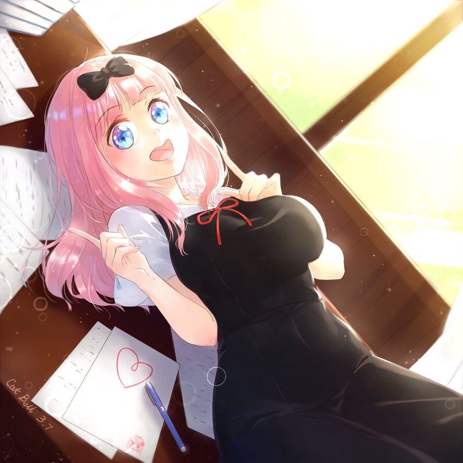 1girl black_bow blue_eyes bow breasts catbell413 curtains dress fujiwara_chika heart kaguya-sama_wa_kokurasetai_~tensai-tachi_no_renai_zunousen~ large_breasts long_hair looking_at_viewer lying on_back pen pink_hair school_uniform short_sleeves sunlight table teeth upper_teeth_only window