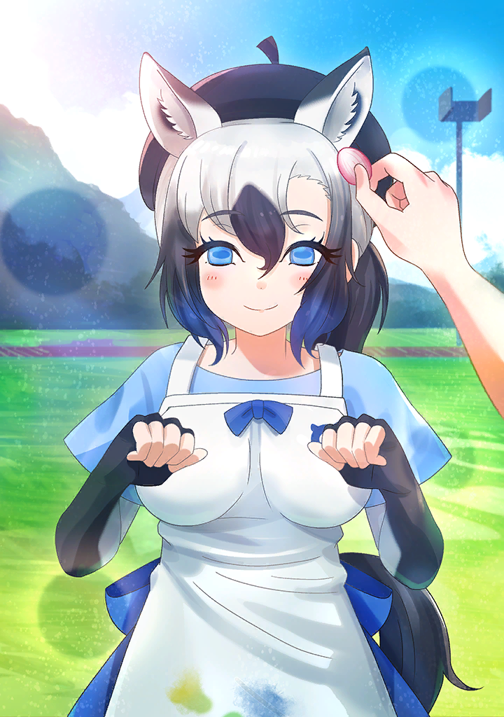 1girl animal_ear_fluff animal_ears apron artist_request asymmetrical_bangs beret black_gloves black_hair blue_bow blue_eyes blue_hair blue_shirt bow breasts cherry_blossoms cloud commentary_request elbow_gloves empty_eyes female_pov fingerless_gloves gloves gradient_hair grass hat horse_ears horse_girl horse_tail japari_symbol kemono_friends kemono_friends_3 leaf leaf_on_head looking_at_viewer multicolored_hair nana_(kemono_friends) official_art outdoors paint_splatter ponytail pov running_track shirt short_sleeves solo tail tarpan_(kemono_friends) tight_clothes tree white_apron white_gloves white_hair