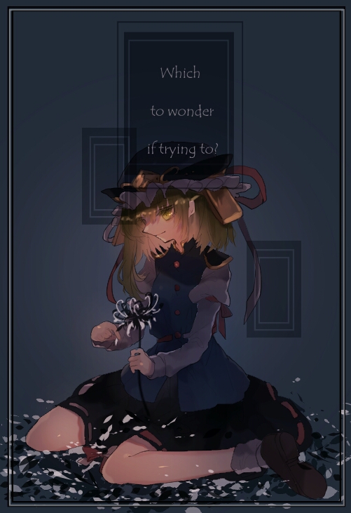 1girl asymmetrical_hair black_skirt blue_hat blue_vest brown_shoes buttons closed_mouth commentary_request english_text engrish_text epaulettes flower frilled_hat frills full_body green_eyes green_hair grey_background grey_socks hat looking_at_viewer medium_hair one-hour_drawing_challenge pocket ranguage ribbon-trimmed_skirt ribbon_trim shiki_eiki shinjitsu_no_kuchi shoes sitting skirt smile socks solo spider_lily touhou vest wariza white_flower white_spider_lily