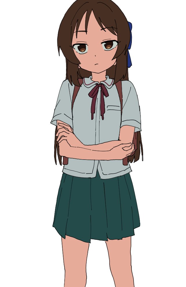 1girl bow brown_eyes brown_hair crossed_arms hair_bow idolmaster idolmaster_cinderella_girls idolmaster_cinderella_girls_u149 long_hair looking_at_viewer momomatang school_uniform shirt simple_background skirt solo tachibana_arisu white_background