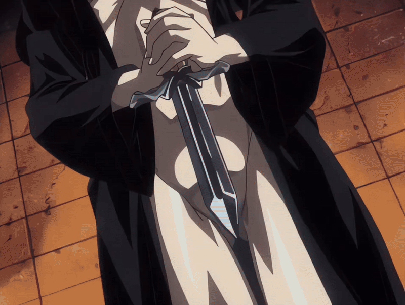 00s 1girl 2002 animated animated_gif basement bible_black bible_black_gaiden blood breasts cloak closed_eyes hood large_breasts purple_eyes red_hair ritual robe summoning tagme takashiro_hiroko weapon