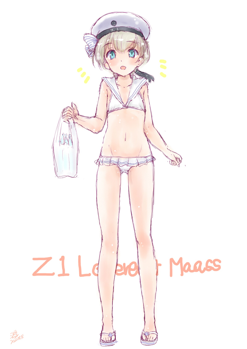 1girl bag bikini bikini_skirt blonde_hair blue_eyes character_name flat_chest full_body gluteal_fold hashtag-only_commentary hat kantai_collection koshigaya_tatsumi looking_at_viewer lowleg lowleg_bikini microskirt plastic_bag sailor_bikini sailor_collar sailor_hat short_hair simple_background skirt solo swimsuit white_background white_bikini white_hat white_sailor_collar z1_leberecht_maass_(kancolle) z1_leberecht_maass_(swimsuit)_(kancolle)