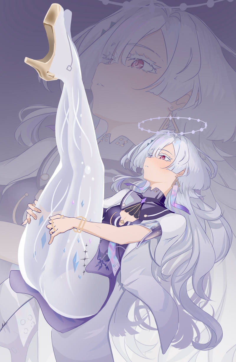 1girl anho ass blush breasts colored_eyelashes commentary_request crystal_shards dress earrings full_body gradient_clothes grey_hair hair_ornament hair_over_one_eye halo highres jacket jewelry long_hair lying mornye_(wuthering_waves) multiple_rings on_back purple_dress red_eyes ring see-through_body small_breasts solo tacet_mark_(wuthering_waves) thighs triangle_earrings white_halo white_jacket wuthering_waves