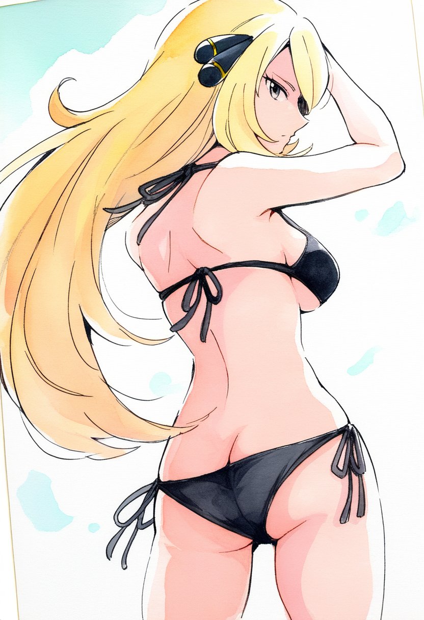 1girl ai-generated ass bikini black_bikini blonde_hair butt_crack cynthia_(pokemon) highres nintendo pokemon pokemon_dppt swimsuit