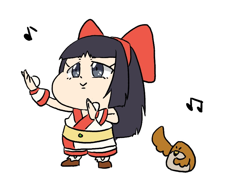 1girl ainu_clothes arms_up black_hair breasts chibi dancing fingerless_gloves gamushiro gloves grey_eyes legs long_hair mamahaha musical_note nakoruru pants samurai_spirits small_breasts smile snk the_king_of_fighters the_king_of_fighters_xv thighs