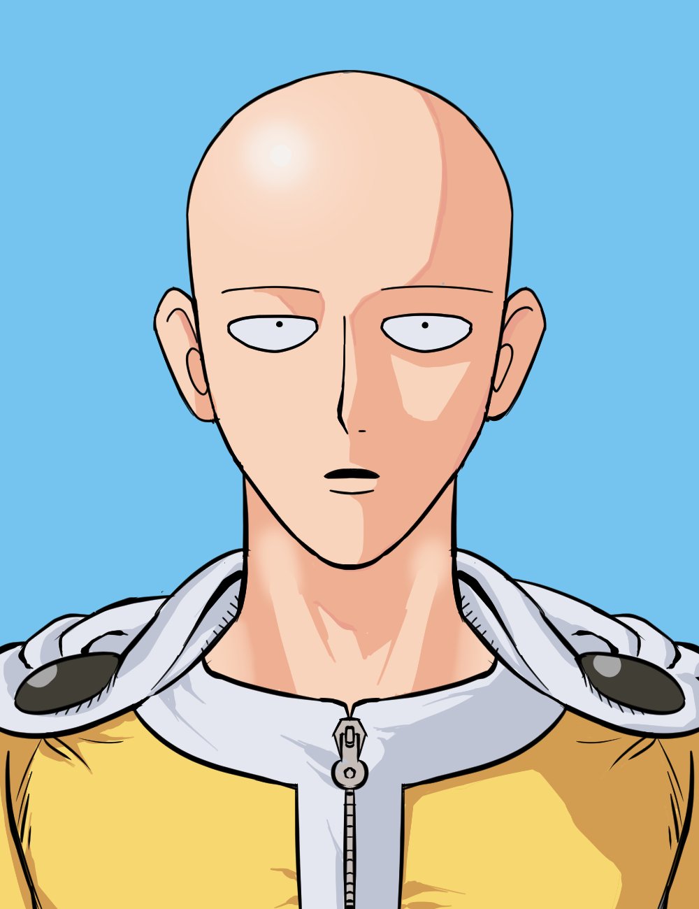 1boy bald black_eyes blue_background bodysuit cape commentary_request geumni33 highres korean_commentary looking_at_viewer male_focus one-punch_man open_mouth portrait profile saitama_(one-punch_man) simple_background solo straight-on superhero_costume white_cape yellow_bodysuit zipper zipper_pull_tab