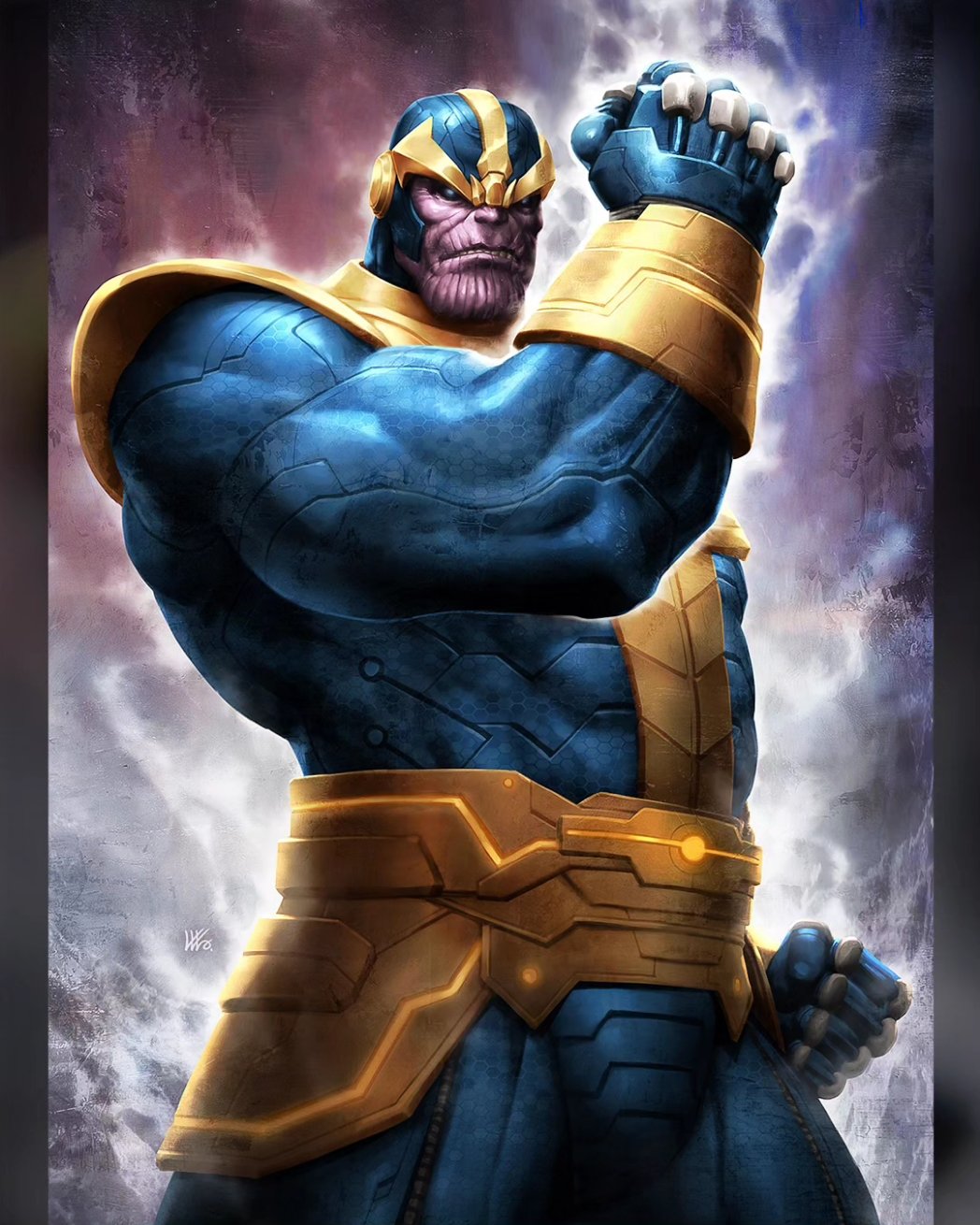 1boy alien avengers_(series) black_eyes blue_bodysuit blue_helmet bodysuit clenched_hands clenched_teeth colored_skin commentary covered_abs cowboy_shot english_commentary helmet highres kunkka looking_at_viewer male_focus marvel muscular muscular_male purple_skin solo teeth thanos