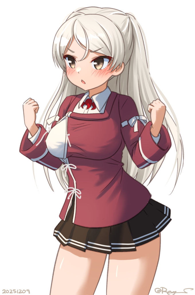 1girl blush breasts brown_eyes conte_di_cavour_(kancolle) cosplay grey_hair japanese_clothes kantai_collection kariginu large_breasts long_hair long_sleeves looking_at_viewer one-hour_drawing_challenge open_mouth pleated_skirt ray.s ryuujou_(kancolle) ryuujou_(kancolle)_(cosplay) skirt smile solo two_side_up undersized_clothes white_background