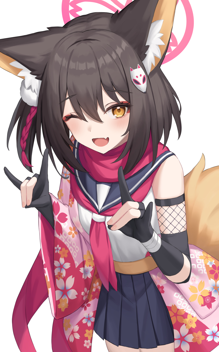 1girl ;d animal_ears black_gloves black_hair black_sailor_collar blue_archive commentary_request double_fox_shadow_puppet fox_ears fox_shadow_puppet fox_tail fuka_kurotsuji gloves hair_between_eyes halo highres izuna_(blue_archive) looking_at_viewer neckerchief one_eye_closed open_mouth partially_fingerless_gloves pink_halo pleated_skirt red_neckerchief red_scarf sailor_collar scarf short_hair simple_background skirt smile solo tail white_background yellow_eyes