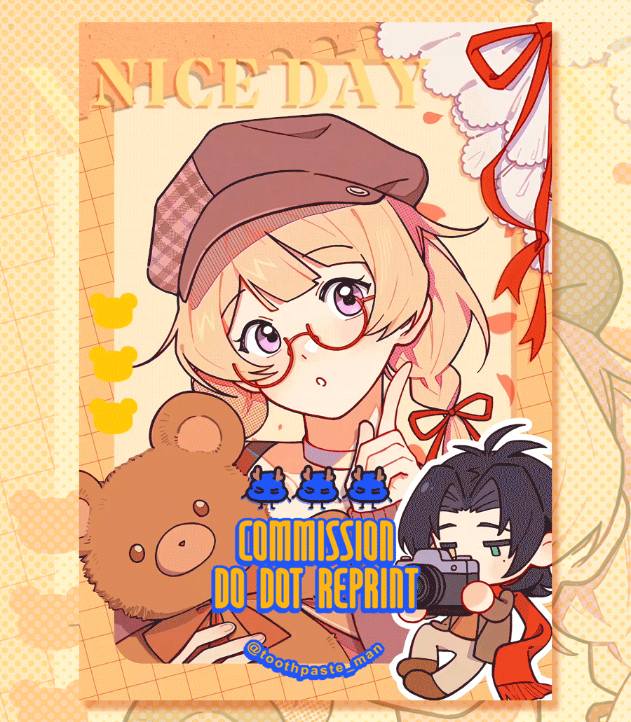 1boy 1girl animated animated_gif beret blonde_hair blunt_bangs blush braid brown_hat camera chibi chibi_inset choker commission eyelashes glasses hat heterochromia holding holding_camera mihuashi_commission original parted_bangs purple_eyes red_scarf round_eyewear scarf semi-rimless_eyewear sidelocks stuffed_animal stuffed_toy teddy_bear twin_braids upper_body white_choker winking_(animated) yagao_chaoren